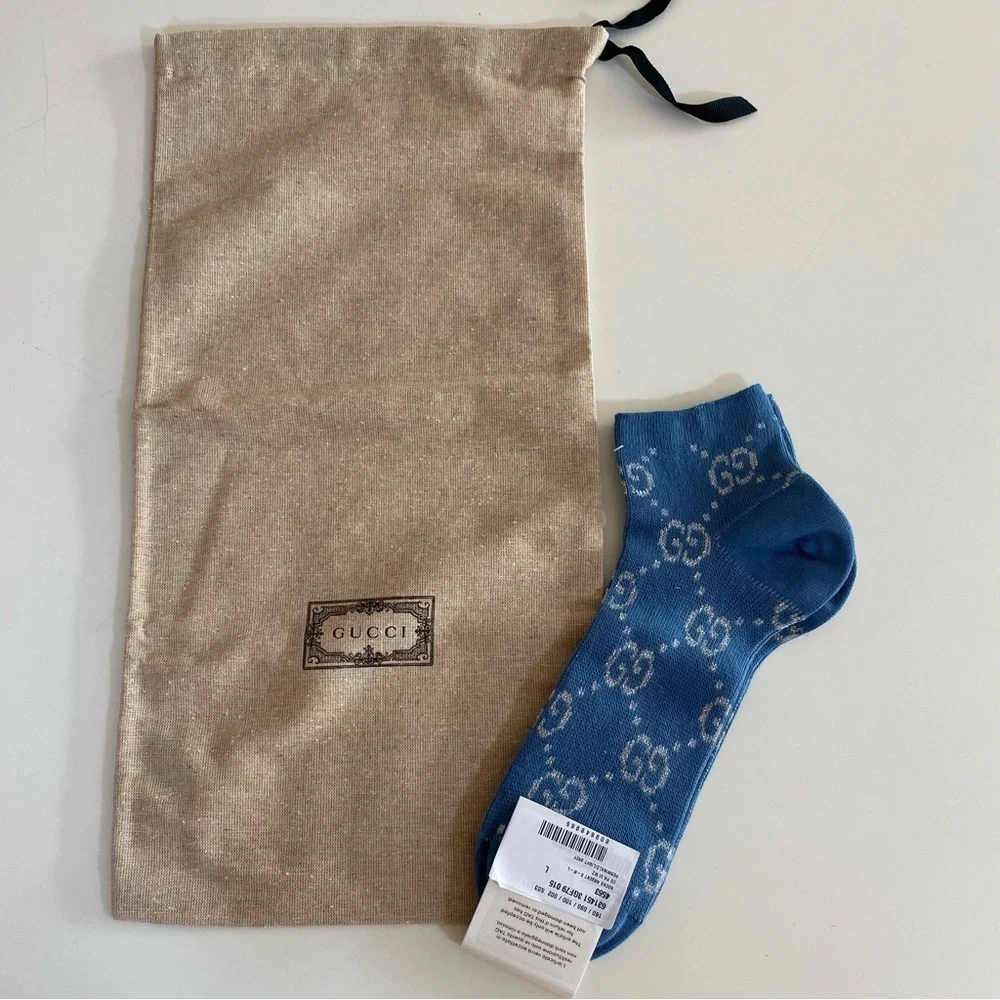 Gucci Logo Socks Blue & Metallic Silver Size Large - Picture 3 of 9